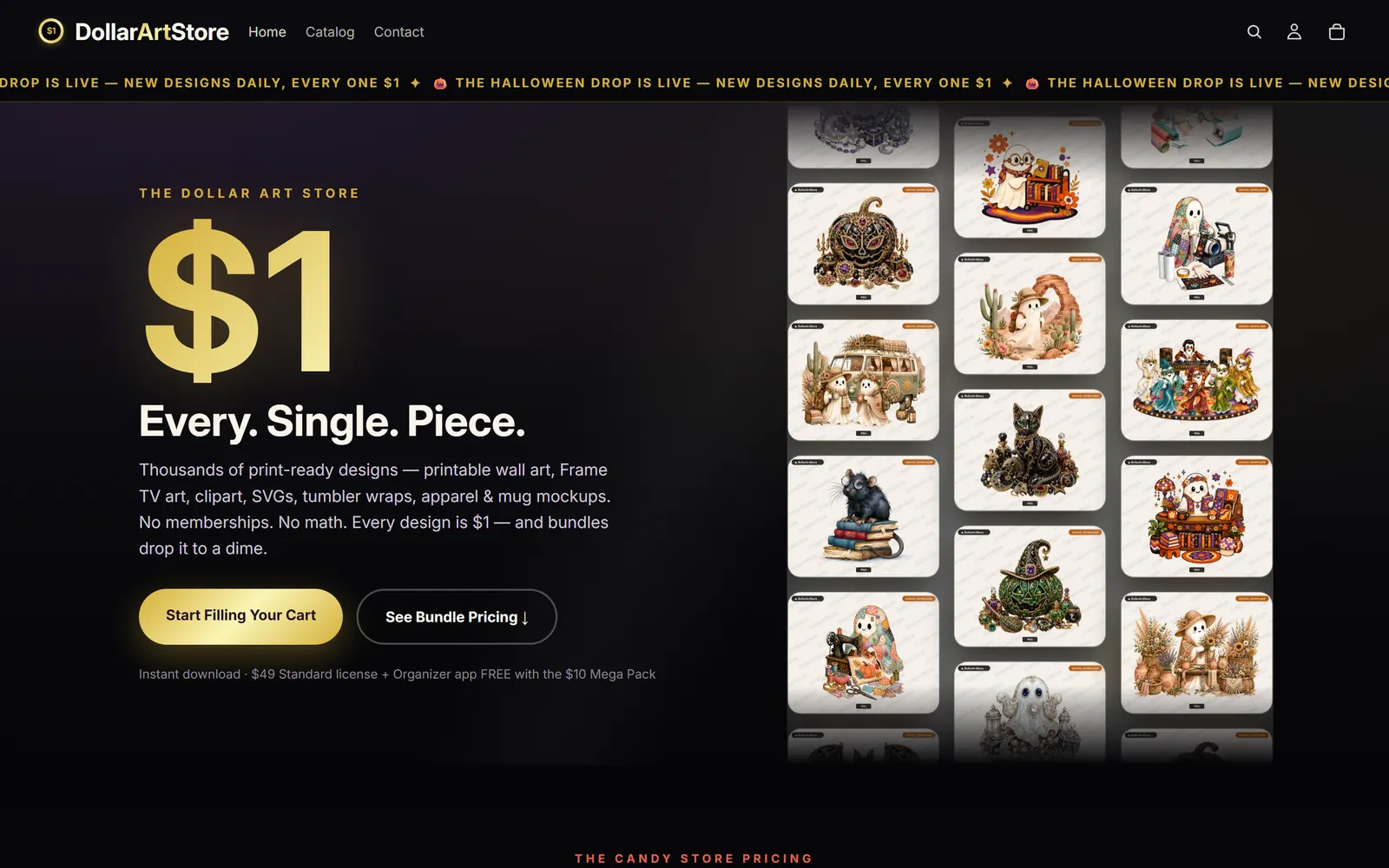 DollarArtStore homepage: a gold $1 headline beside a backlit wall of artwork