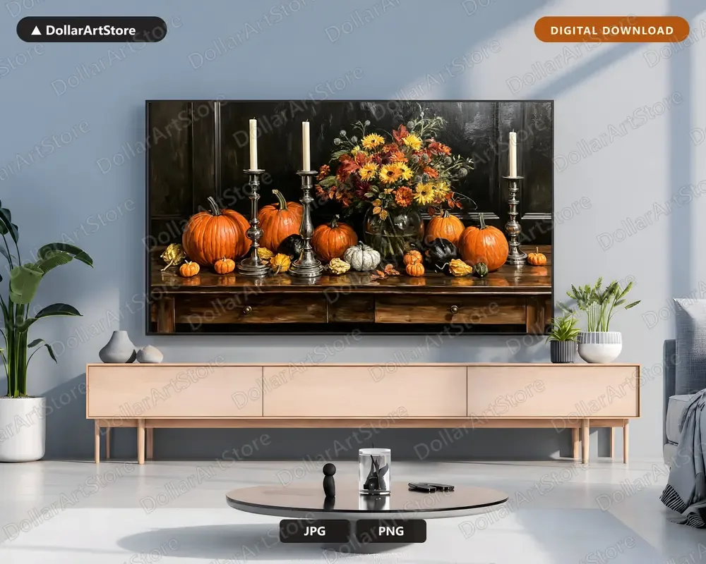 Pipeline output: a still-life painting composited onto a Frame TV above a credenza