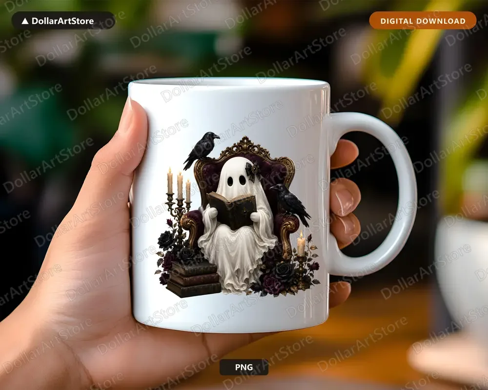 Finished listing image: the ghost design printed on a mug held in a hand