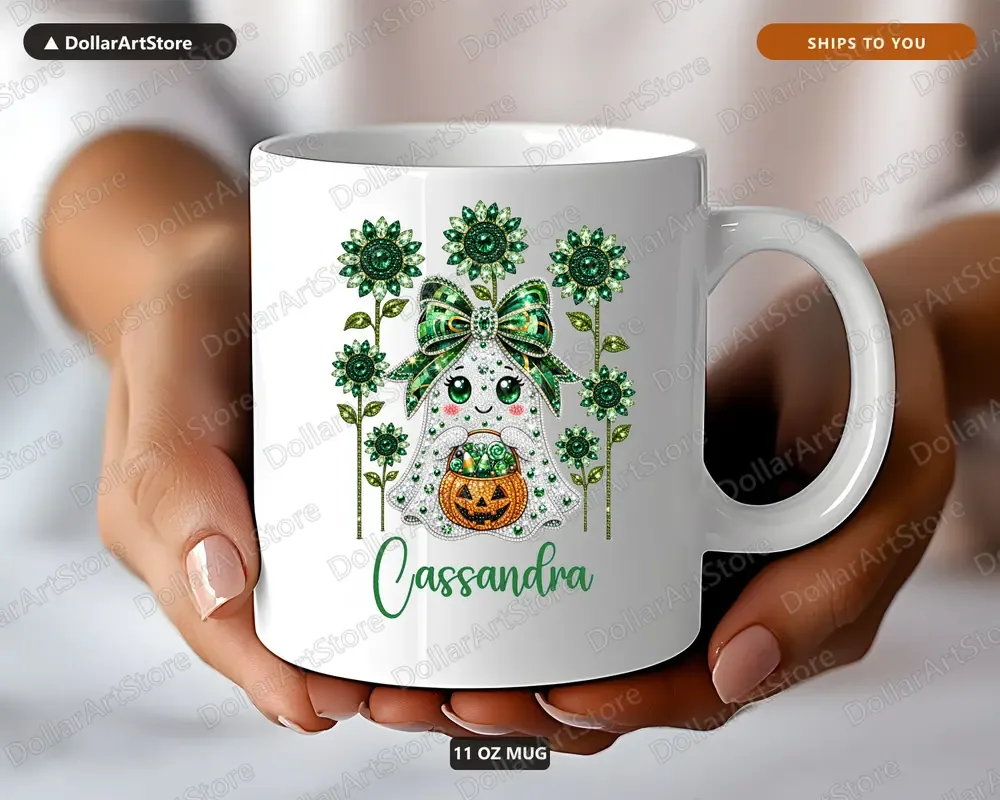 Pipeline output: a personalized ghost design printed on an 11 oz mug