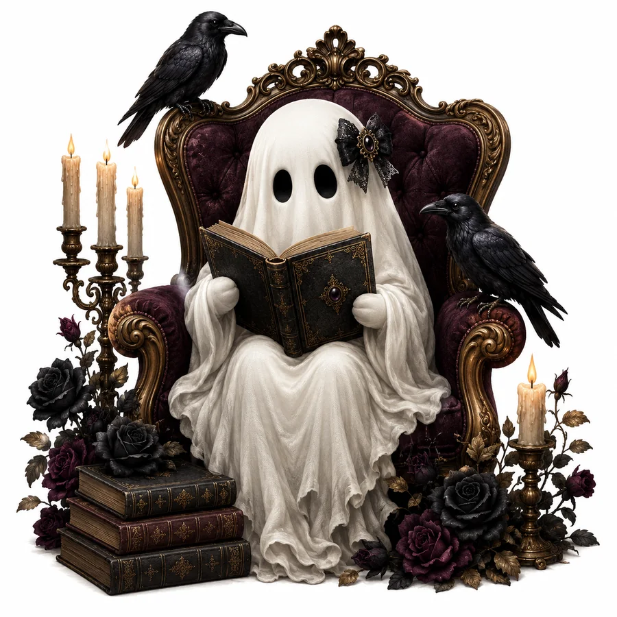 Source design: a ghost reading in a velvet chair with ravens and candles